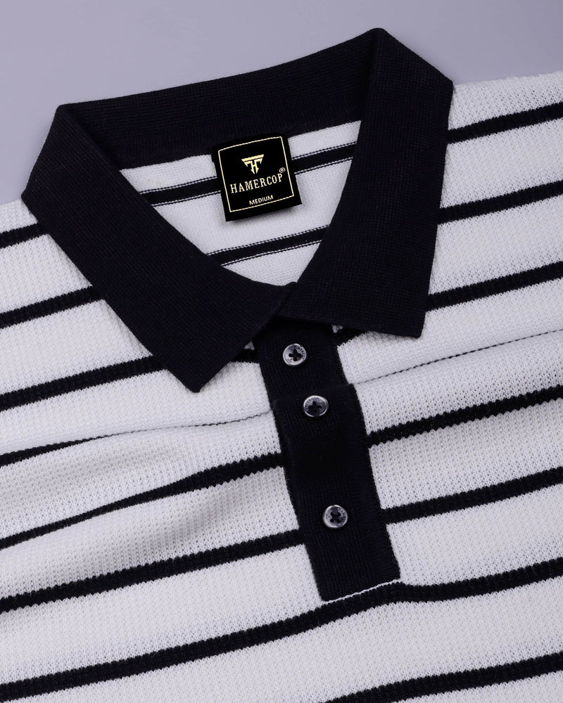 Selvin White With Black Stripe Knitted Cotton Polo T-Shirt