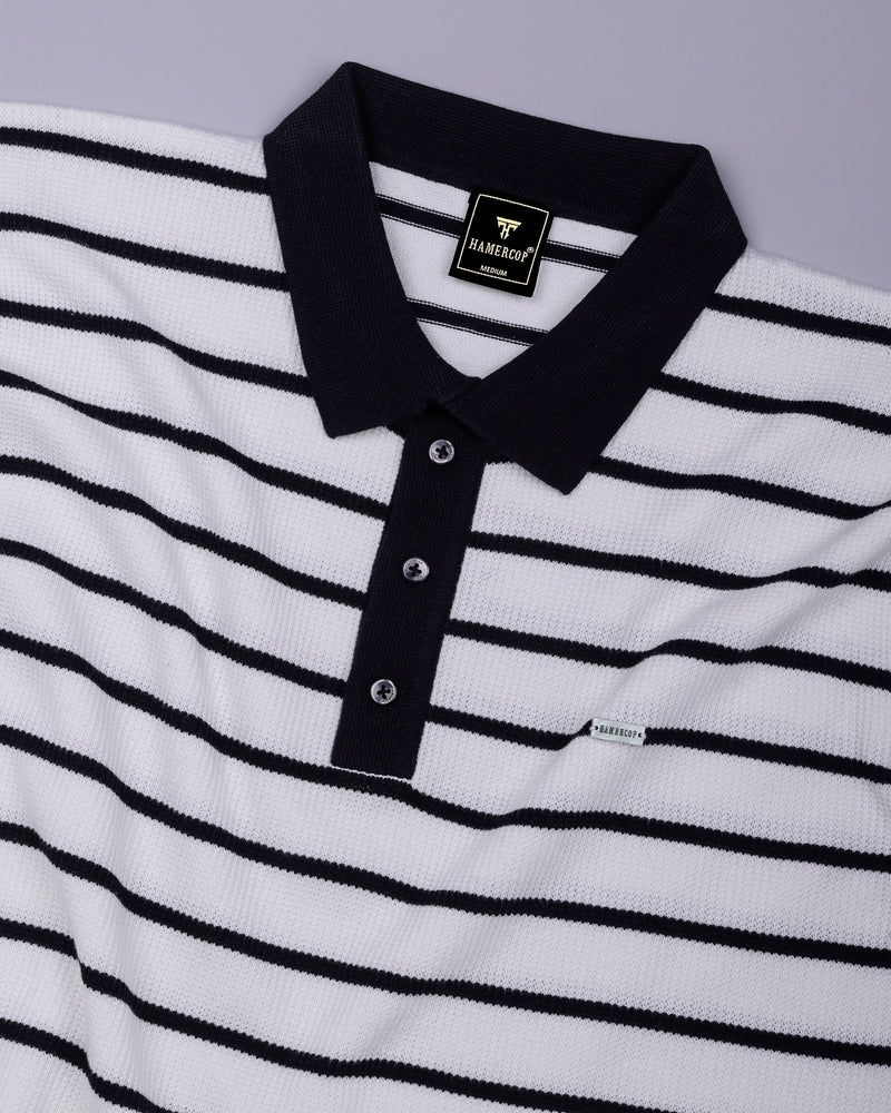 Selvin White With Black Stripe Knitted Cotton Polo T-Shirt
