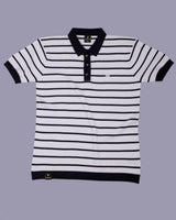 Selvin White With Black Stripe Knitted Cotton Polo T-Shirt