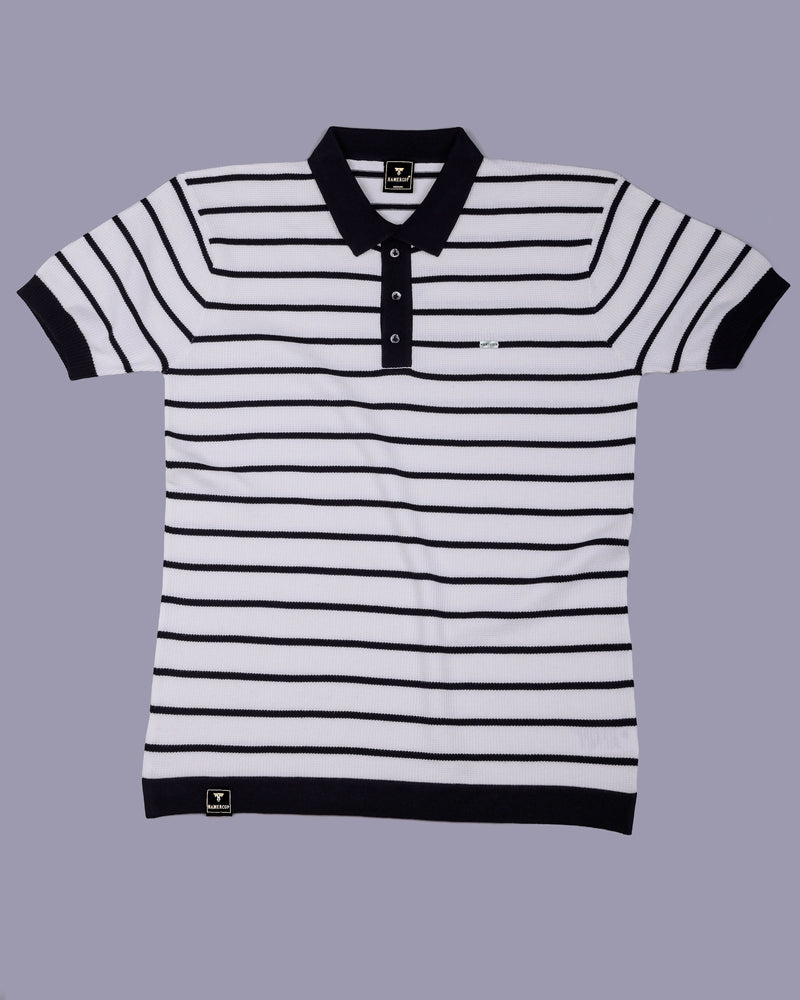 Selvin White With Black Stripe Knitted Cotton Polo T-Shirt
