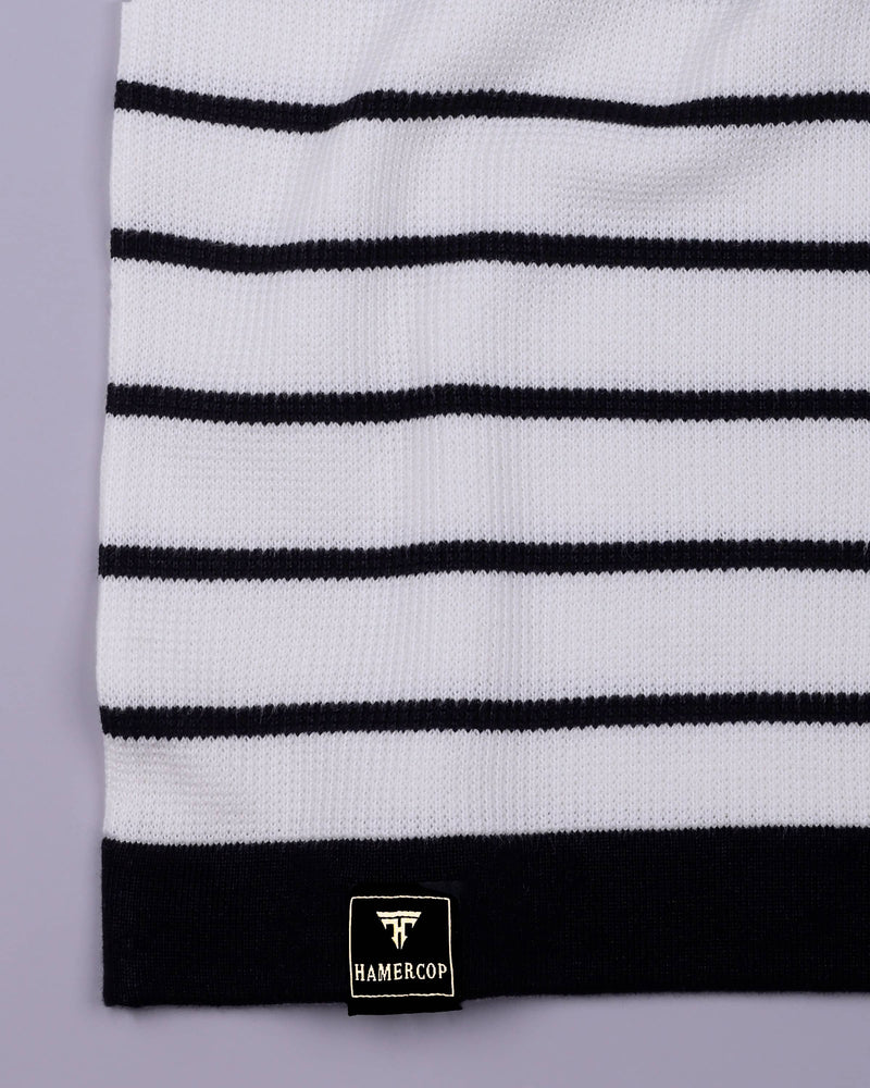 Selvin White With Black Stripe Knitted Cotton Polo T-Shirt