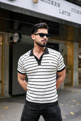 Selvin White With Black Stripe Knitted Cotton Polo T-Shirt