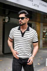 Selvin White With Black Stripe Knitted Cotton Polo T-Shirt