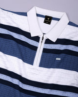 Frosty Blue Stripe Knitted Cotton Zipper Polo T-Shirt