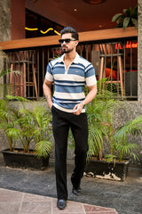 Frosty Blue Stripe Knitted Cotton Zipper Polo T-Shirt