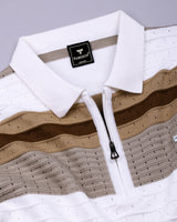 Frosty Cream Stripe Knitted Cotton Zipper Polo T-Shirt