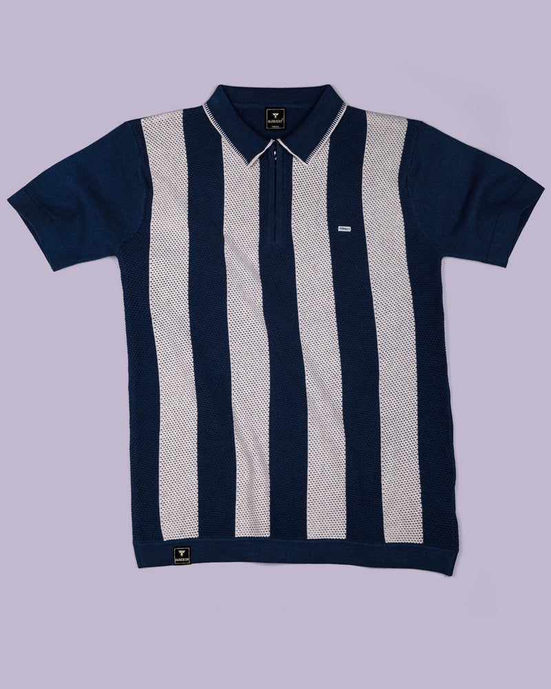 Jiron Blue Knitted Cotton Zipper Polo T-Shirt