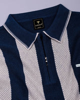 Jiron Blue Knitted Cotton Zipper Polo T-Shirt