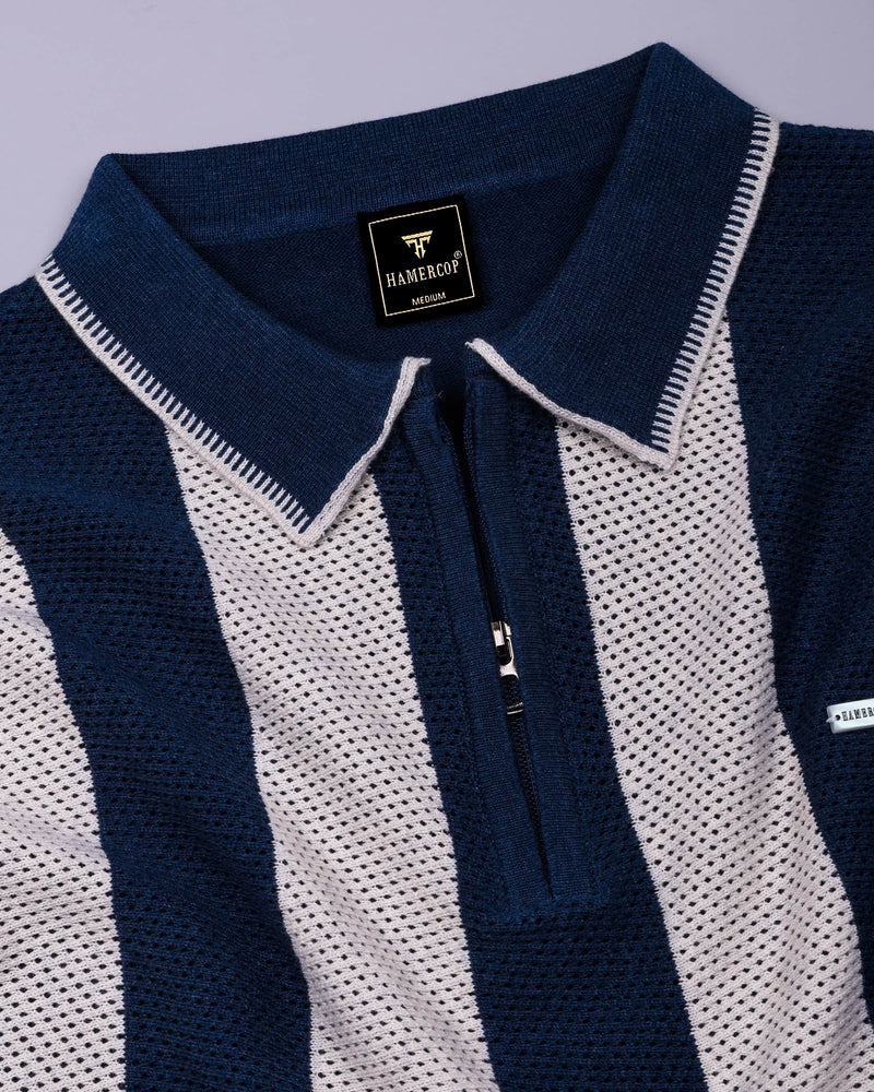Jiron Blue Knitted Cotton Zipper Polo T-Shirt