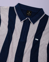 Jiron Blue Knitted Cotton Zipper Polo T-Shirt