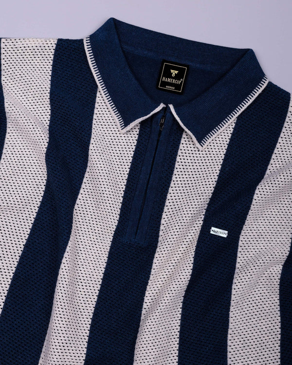 Jiron Blue Knitted Cotton Zipper Polo T-Shirt