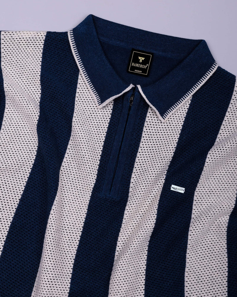 Jiron Blue Knitted Cotton Zipper Polo T-Shirt