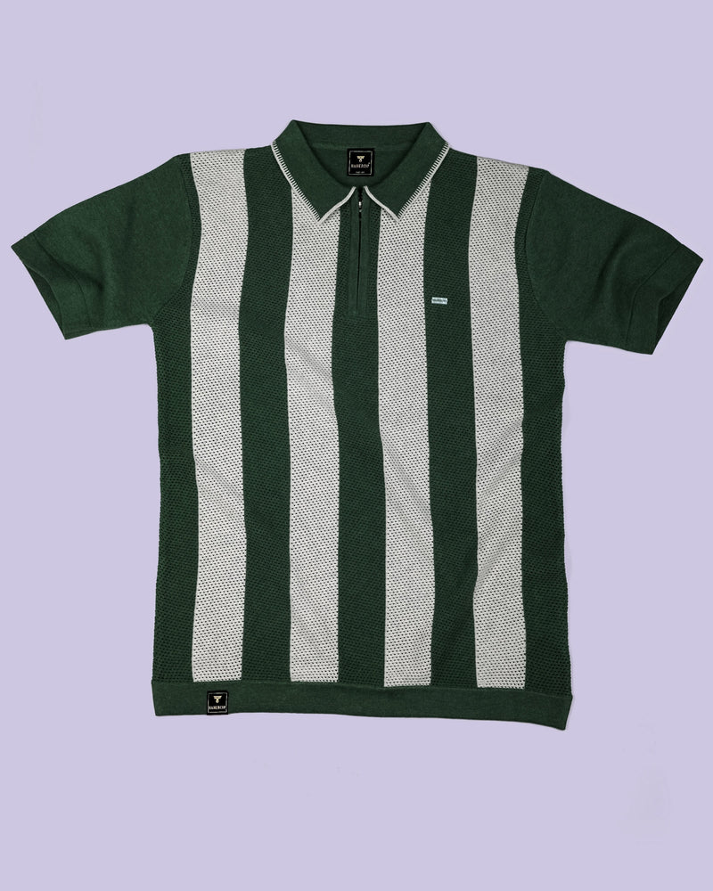 Jiron Green Knitted Cotton Zipper Polo T-Shirt