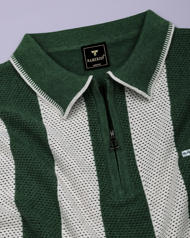 Jiron Green Knitted Cotton Zipper Polo T-Shirt