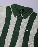 Jiron Green Knitted Cotton Zipper Polo T-Shirt