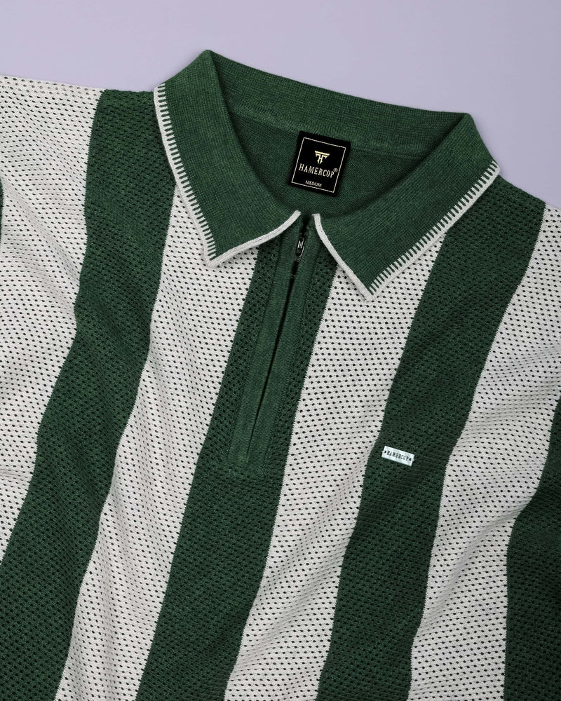 Jiron Green Knitted Cotton Zipper Polo T-Shirt