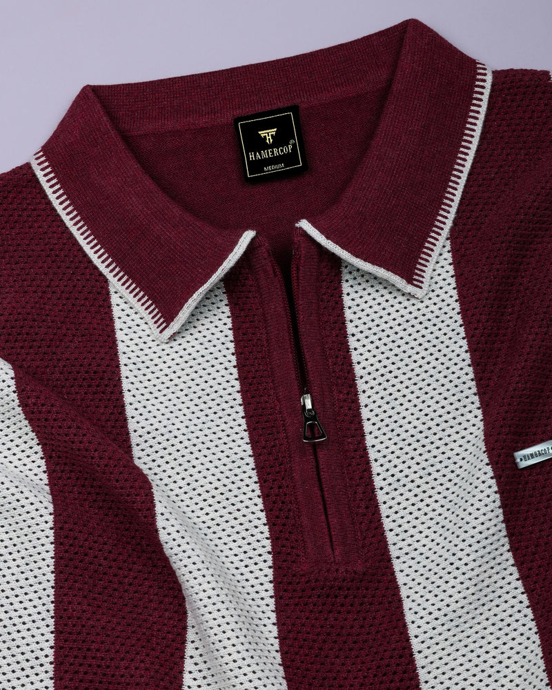 Jiron Maroon Knitted Cotton Zipper Polo T-Shirt