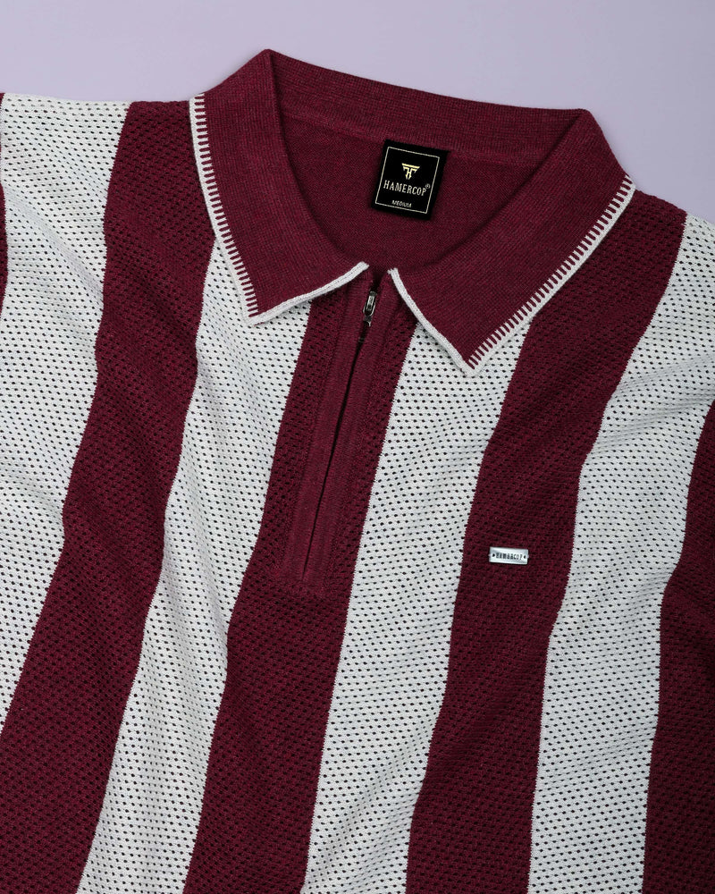 Jiron Maroon Knitted Cotton Zipper Polo T-Shirt