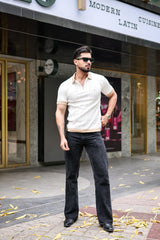 Venosa White Knitted Cotton Zipper Polo T-Shirt