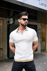 Venosa White Knitted Cotton Zipper Polo T-Shirt