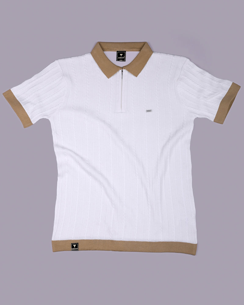 Venosa White Knitted Cotton Zipper Polo T-Shirt