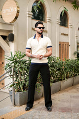 Venosa Cream Knitted Cotton Zipper Polo T-Shirt