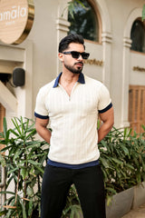 Venosa Cream Knitted Cotton Zipper Polo T-Shirt