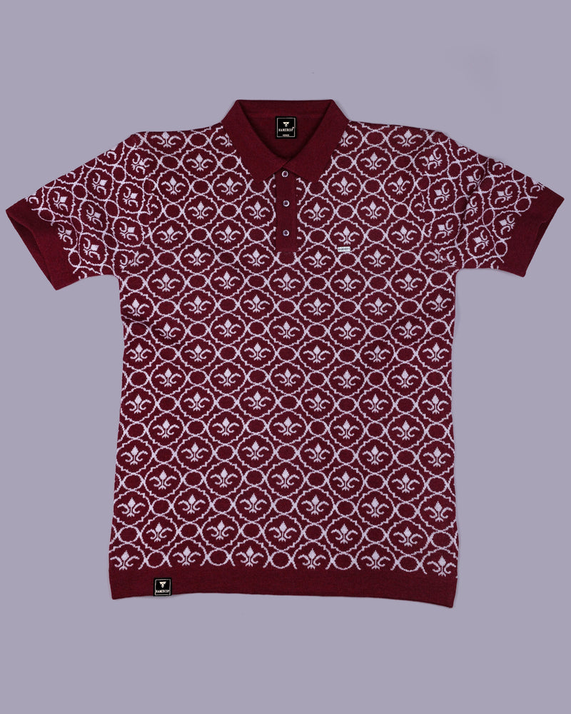 Wavy Maroon Melange Knitted Cotton Polo T-Shirt