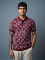 Wavy Maroon Melange Knitted Cotton Polo T-Shirt