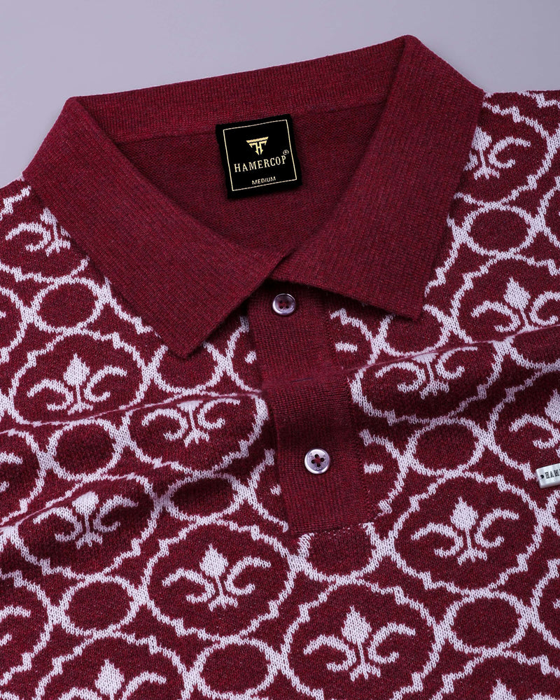 Wavy Maroon Melange Knitted Cotton Polo T-Shirt