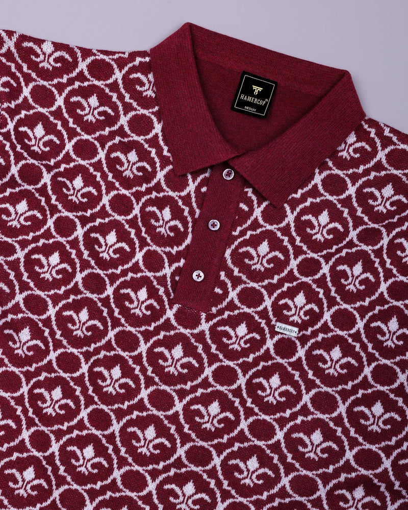 Wavy Maroon Melange Knitted Cotton Polo T-Shirt