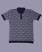 Wavy Blue Knitted Cotton Polo T-Shirt