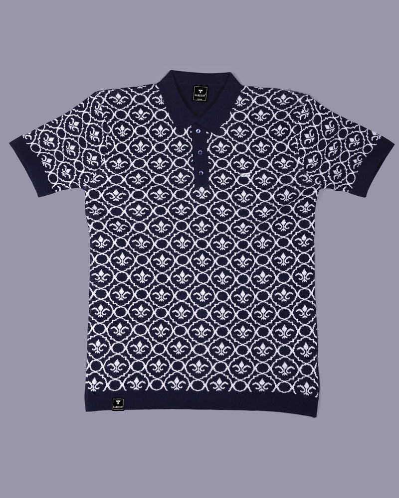 Wavy Blue Knitted Cotton Polo T-Shirt