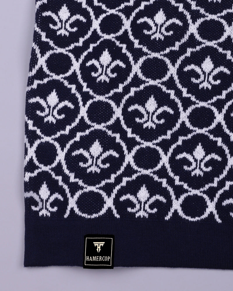 Wavy Blue Knitted Cotton Polo T-Shirt