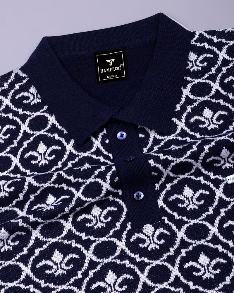 Wavy Blue Knitted Cotton Polo T-Shirt