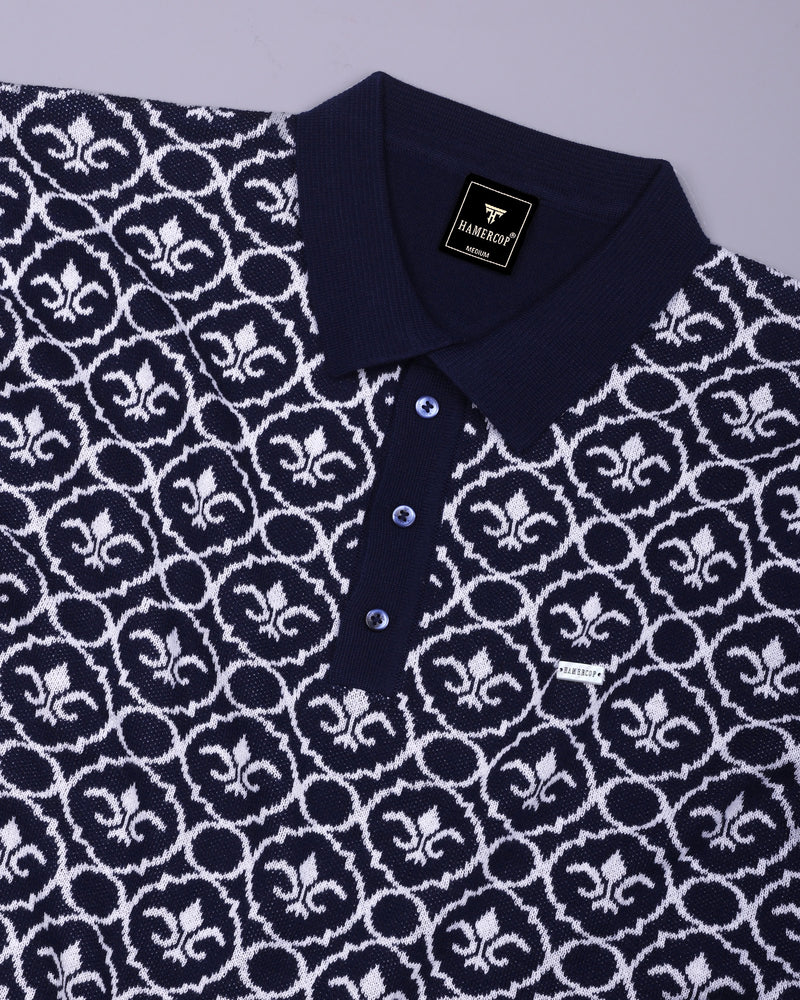 Wavy Blue Knitted Cotton Polo T-Shirt