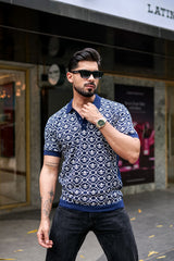 Wavy Blue Knitted Cotton Polo T-Shirt