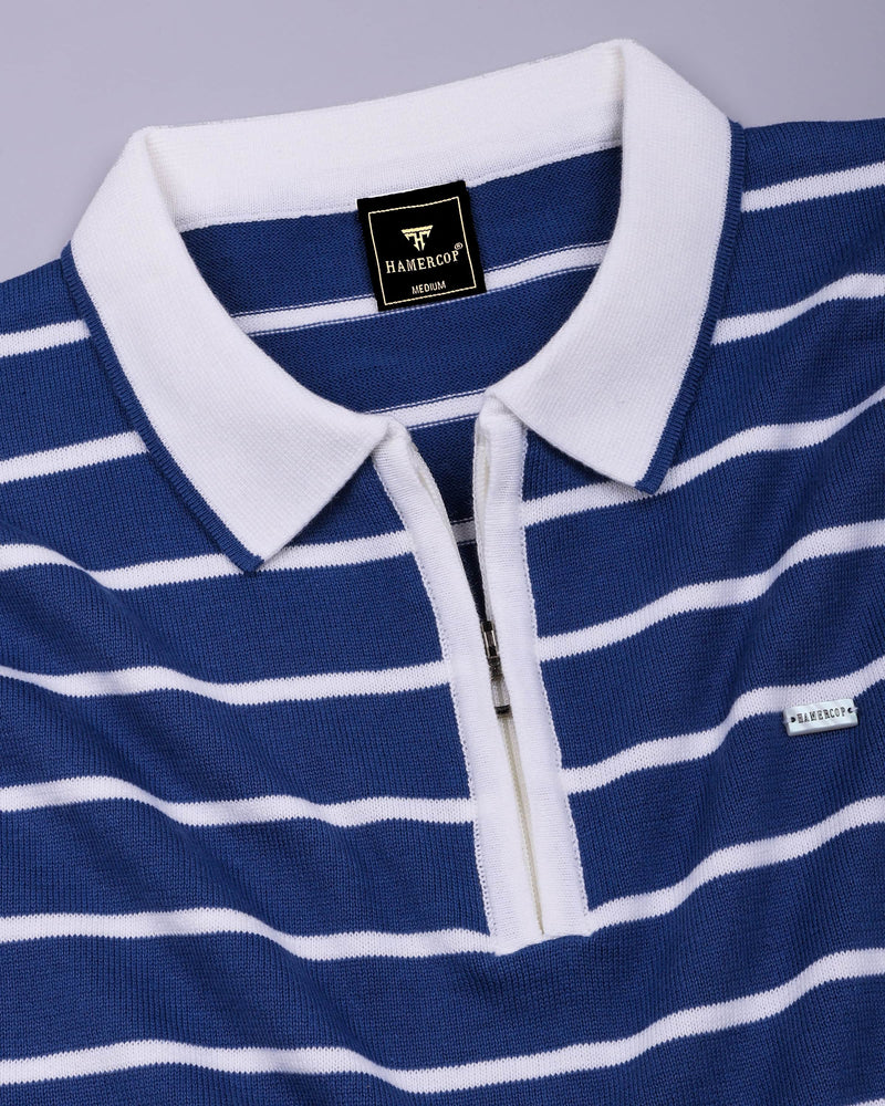Yorkton Blue Stripe Knitted Cotton Zipper Polo T-Shirt