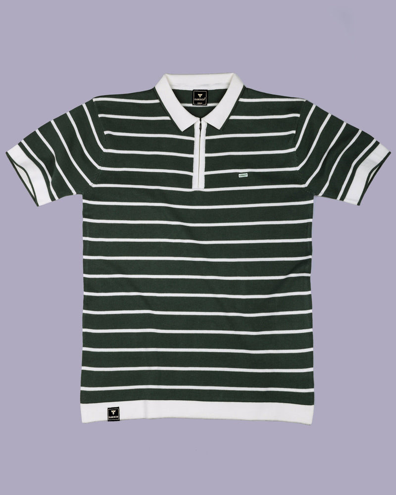 Yorkton Green Stripe Knitted Cotton Zipper Polo T-Shirt