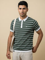 Yorkton Green Stripe Knitted Cotton Zipper Polo T-Shirt