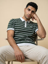 Yorkton Green Stripe Knitted Cotton Zipper Polo T-Shirt