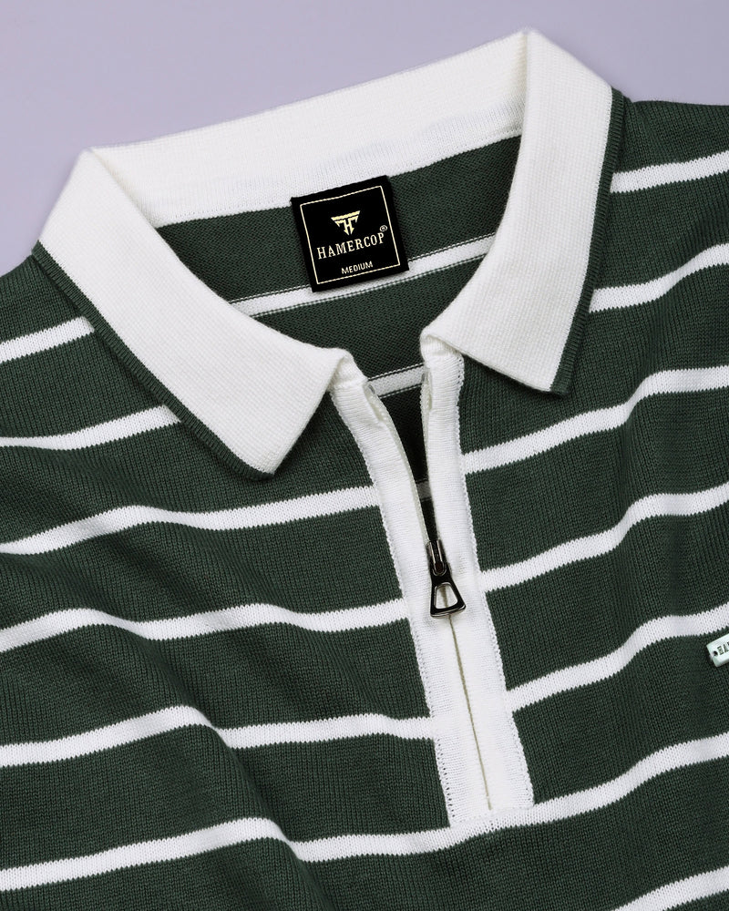 Yorkton Green Stripe Knitted Cotton Zipper Polo T-Shirt