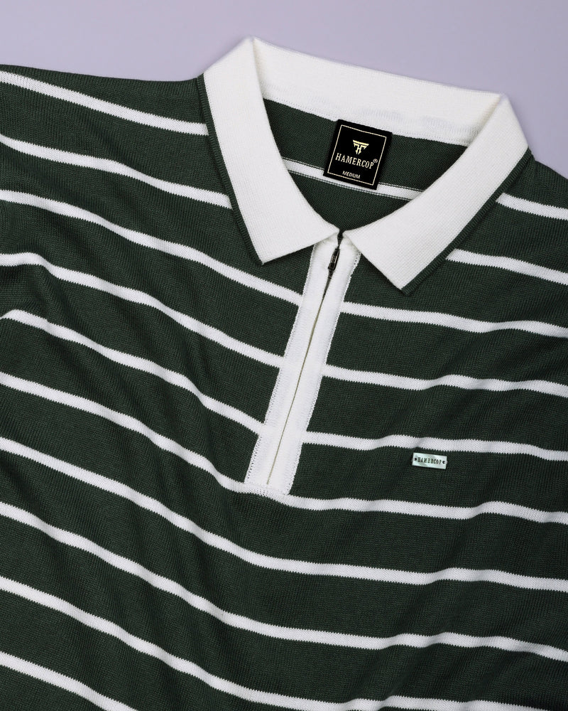 Yorkton Green Stripe Knitted Cotton Zipper Polo T-Shirt