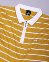 Yorkton Turmeric Yellow Stripe Knitted Cotton Zipper Polo T-Shirt