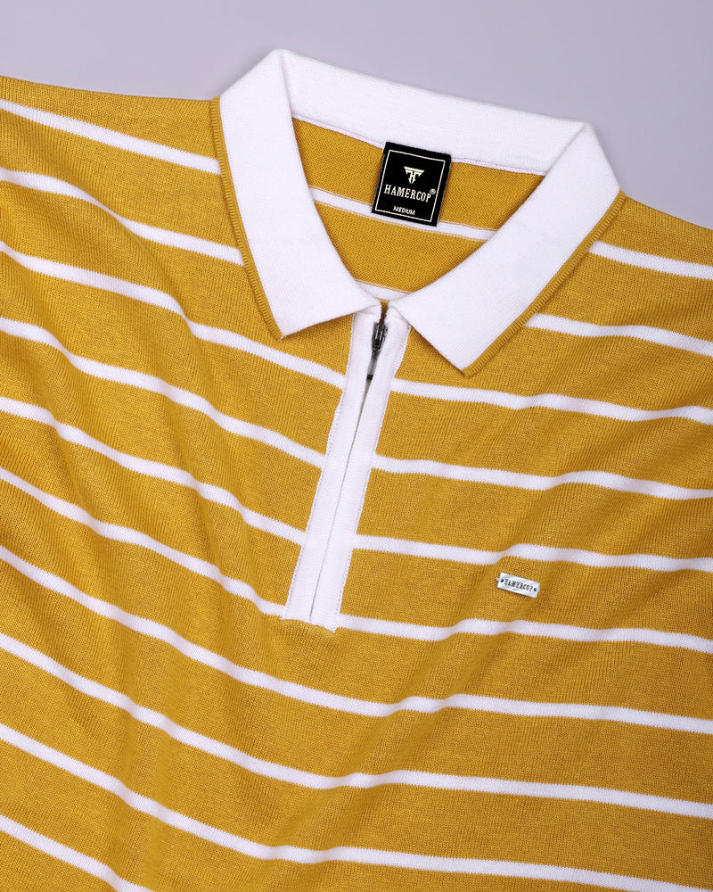 Yorkton Turmeric Yellow Stripe Knitted Cotton Zipper Polo T-Shirt