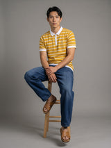 Yorkton Turmeric Yellow Stripe Knitted Cotton Zipper Polo T-Shirt