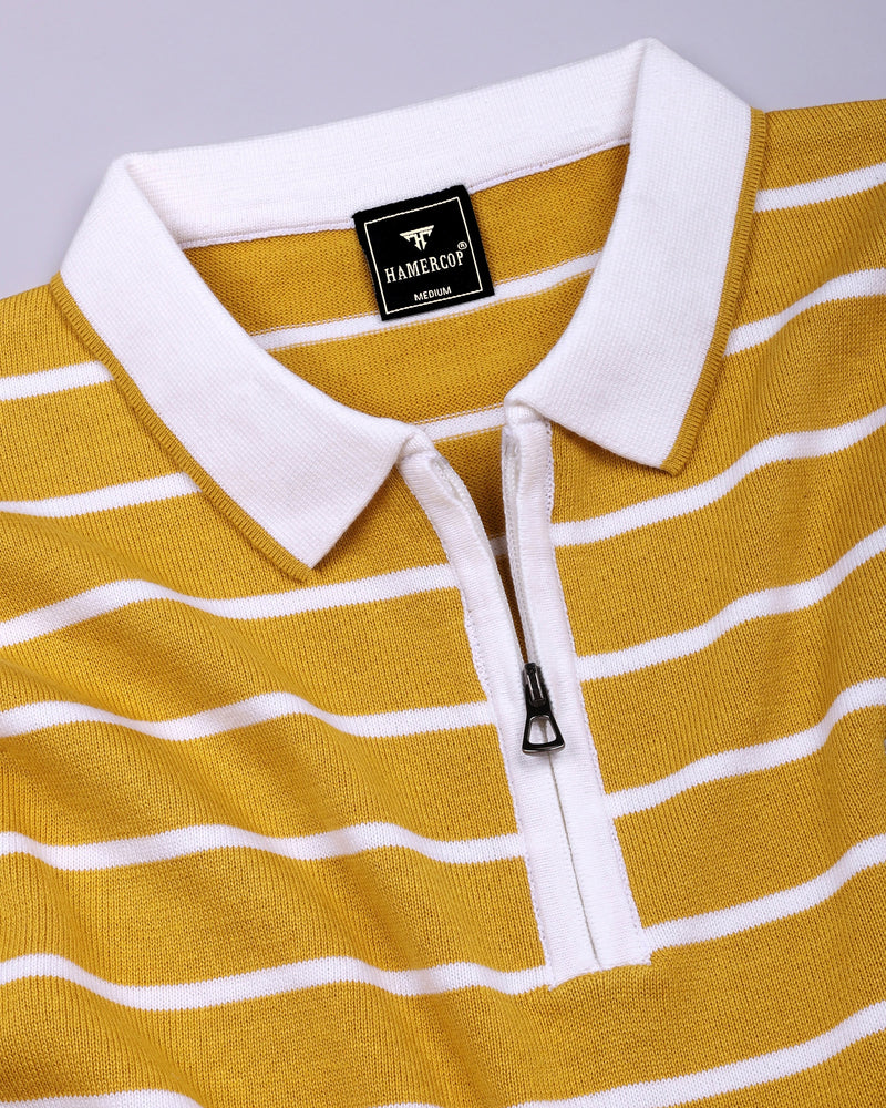Yorkton Turmeric Yellow Stripe Knitted Cotton Zipper Polo T-Shirt