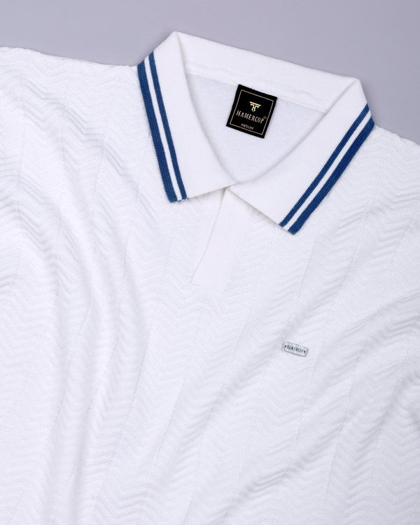 Ternary Blue And White Knitted Cotton Polo T-Shirt