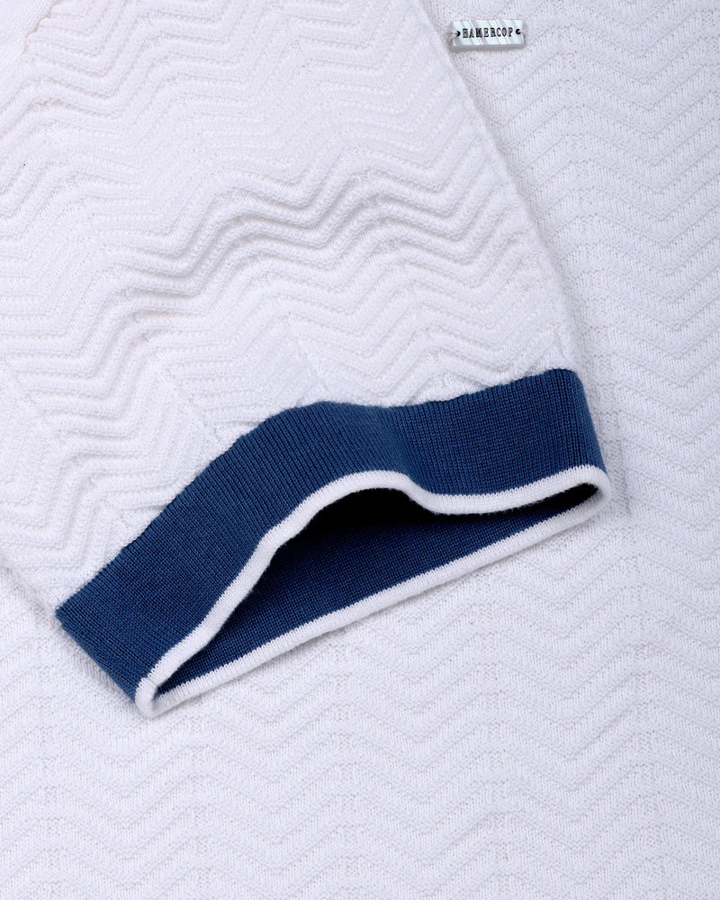 Ternary Blue And White Knitted Cotton Polo T-Shirt