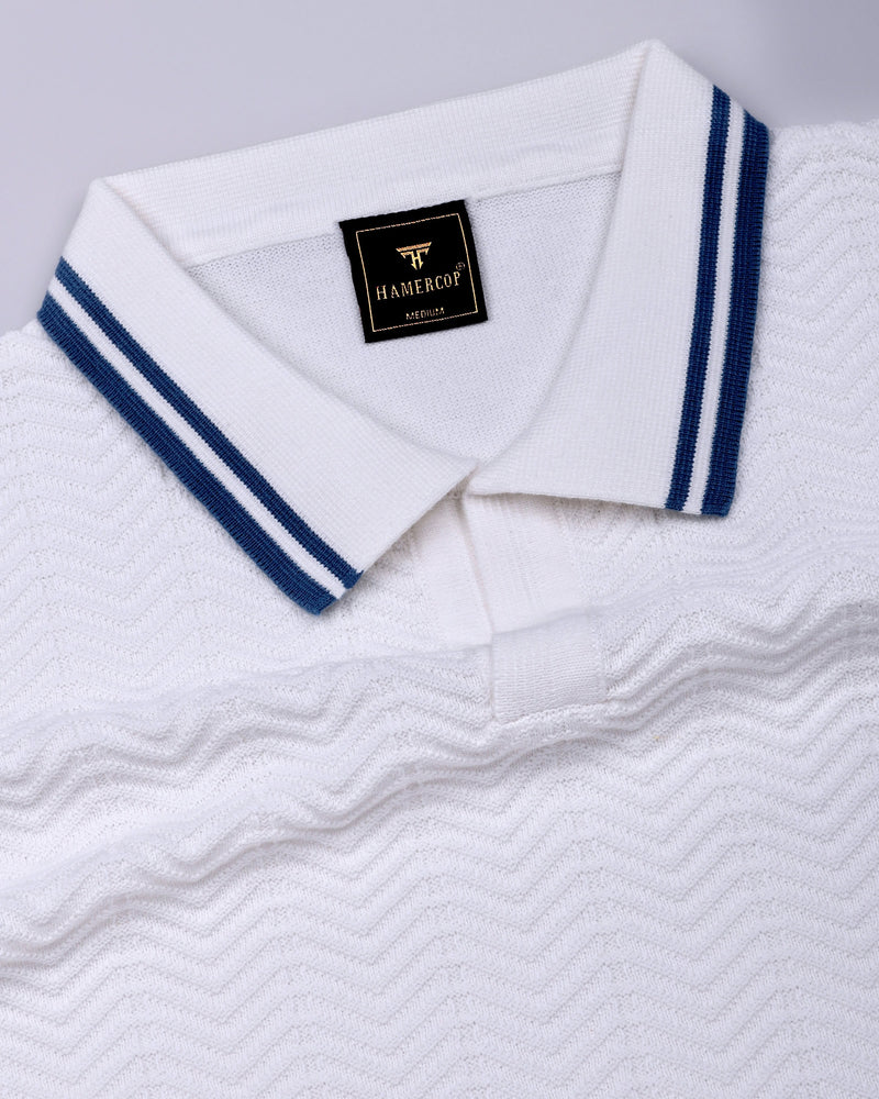 Ternary Blue And White Knitted Cotton Polo T-Shirt